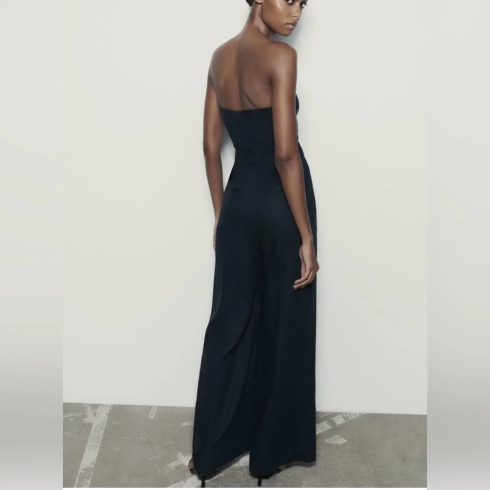 Zara Strapless Linen Blend Jumpsuit Straight
Neck Wide Leg Navy Boho Blogger - Picture 2 of 5